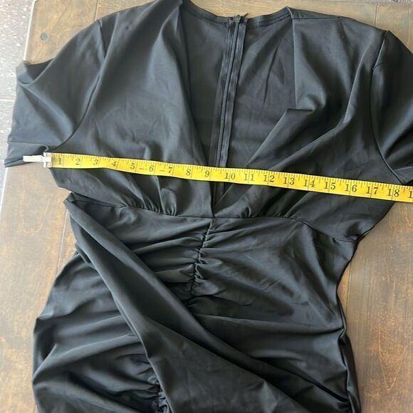 Stylish Long Sleeves V Neck Bodycon Pleated Slit Solid Evening Gown Dress - Picture 10 of 14